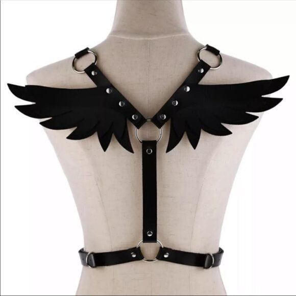 BLACK Leather Harness Angel Wing Garter Belt Waistband Slave Fetish Bondage BDSM - Picture 2 of 6